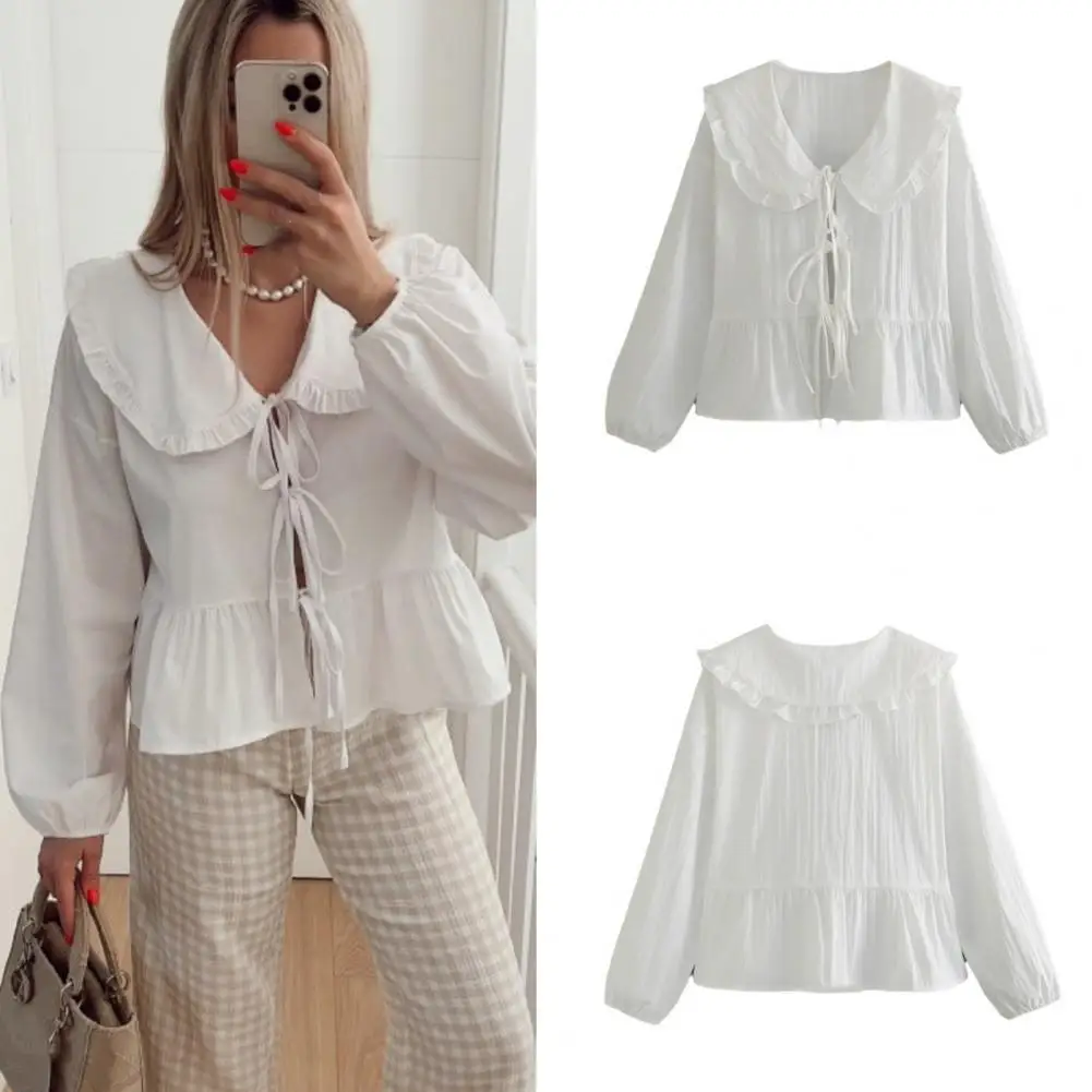 

Women Shirt Tops Elegant Lace-up Closure Women's Shirt with Ruffle Hem Loose Fit for Summer Casual Wear Commuting Style Blouse