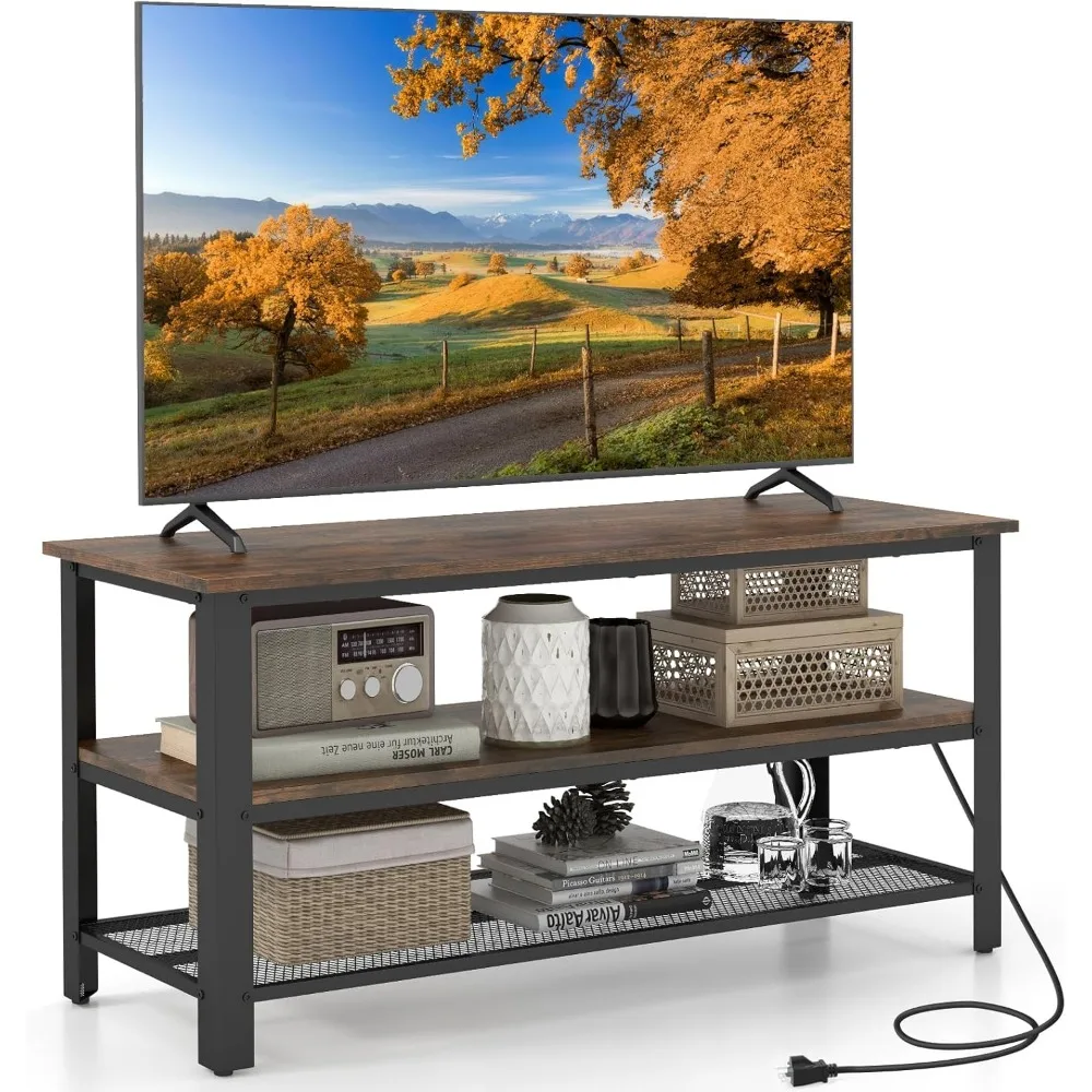 Pequeño soporte para TV para televisores de hasta 50 pulgadas, mesa consola para TV de 3 niveles con tomas de corriente, puertos USB, estantes de almacenamiento, industria