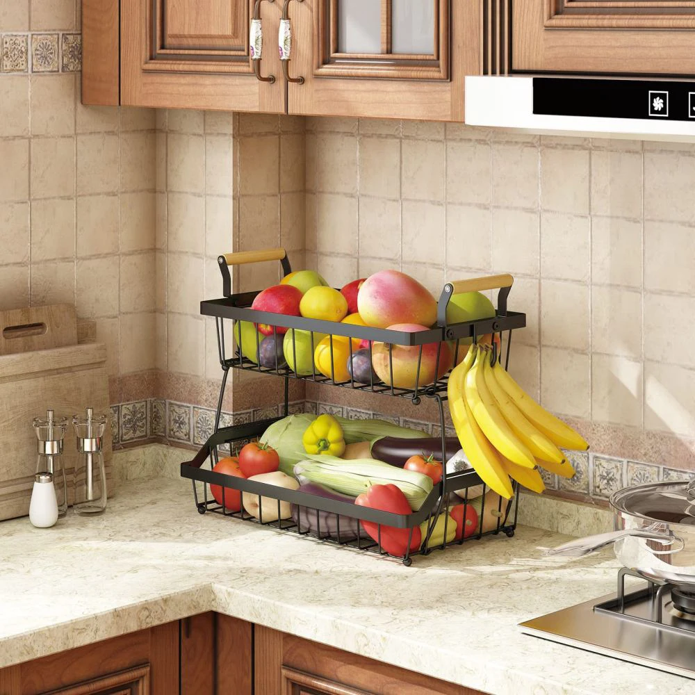 2 Layers Of Fruit And Vegetable Baskets Placed The Desktop Used For Kitchen Storage Vehicle Vegetable Basket Steel Wire Storage