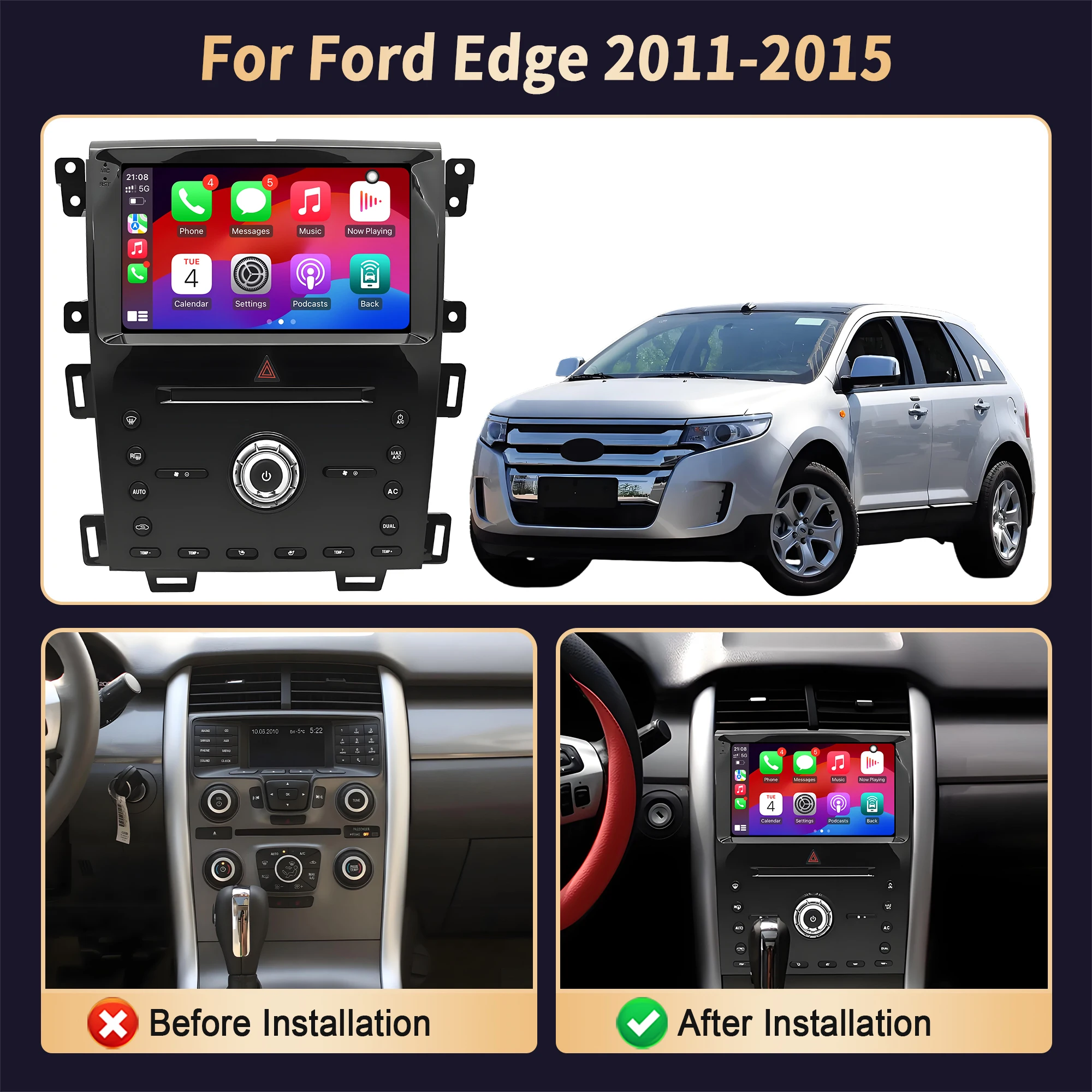 For Ford Edge 2011 2012 2013 2014 2015 Car Radio Multimedia Navigation 4G GPS Wireless BT CarPlay CPU 7870 2K QLED Screen Stereo