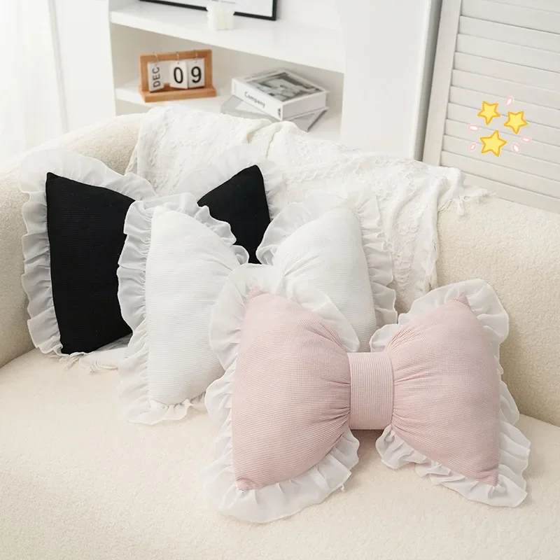 

Cute Bow Lace Edge Cushion,Princess Style Sofa Headboard Pillow Car Waist Support,Comfortable Breathable To Relieve Fatigue