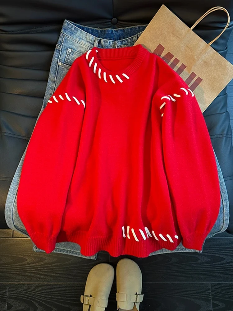 

Красный американский вязаный свитер с вышивкой и пэчворком для мужчин, утепленный зимний свитер, базовый слой для пар, для дома, школы, свиданий