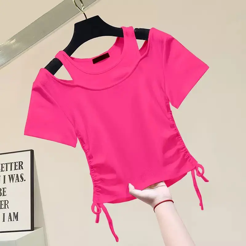تي شيرت Faionable oulder Bared Dstring ort Sve توب نسائي كوري Sle للتخسيس مقاس صغير طول تي شيرت صيفي Ne...