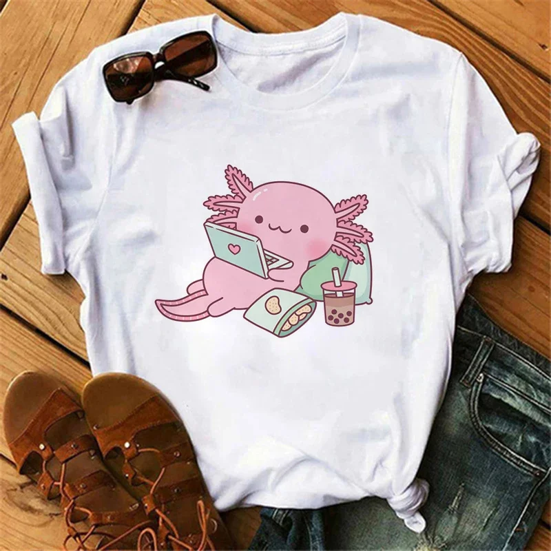 Axolotl t-shirt women clothes cute kawaii vintage y2k t shirt female Drink Bubble Tea girl\'s T-shirt Casual Short Sleeve Tee top