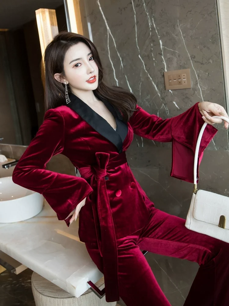 Autumn New Office Ladies Double Breasted Belt Blazer Coat Flare Pants Two Piece Work Set Elegant Women Slim Fit Velvet Suit Sets