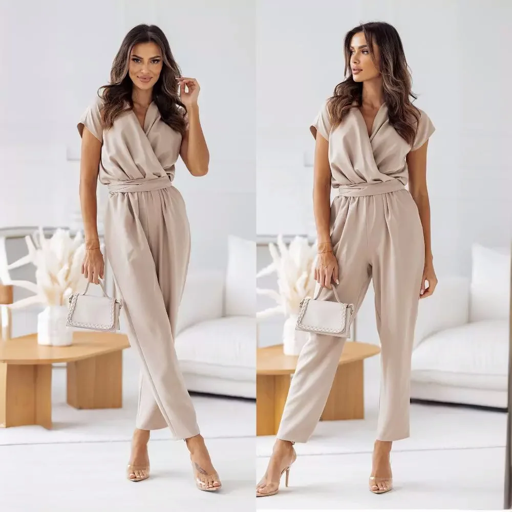 Fashion V-neck Short Sleeve High Waist Jumpsuit Women 2024 Summer Solid Office Elegant Romper Vintage Jumpsuits Overalls Women