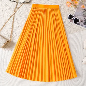 Girls Breathable Midi Skirt 2 Summer Girls Cute Cool Breathable Wrinkled Mid Length Solid Color Half Skirt Princess Casual Birthday Party Dress Half Skirt 2