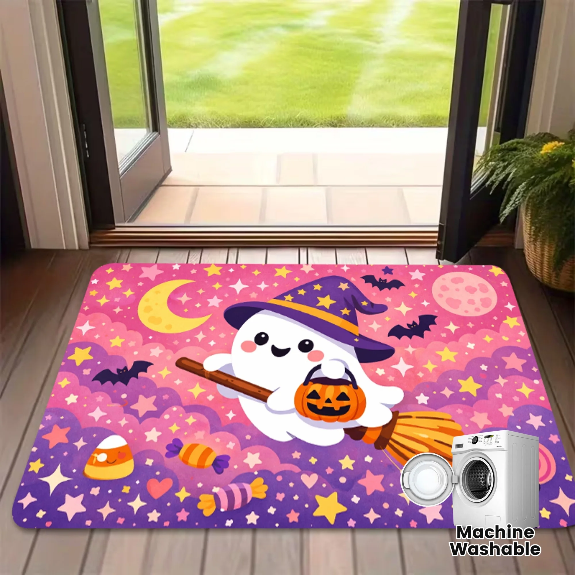 Cute Halloween Doormat Sweet Pink Ghost Riding Broom Pumpkin Entrance Carpet For Bedroom Bathroom Front Door Washable Floor Mat