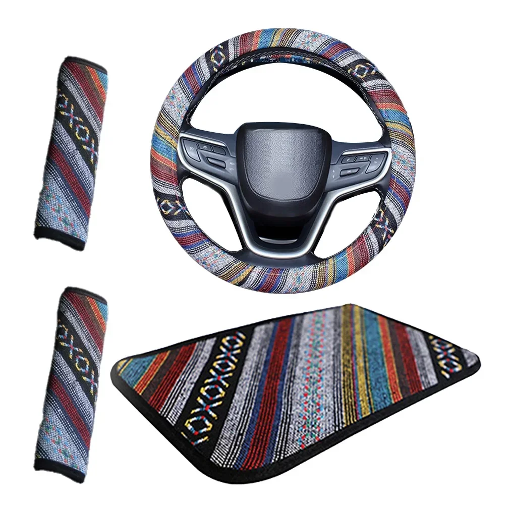 Unique Bohemian Design Car Interior Accessories Complete 4PC Set with Steering Wheel Cushion and Seatbelt Covers