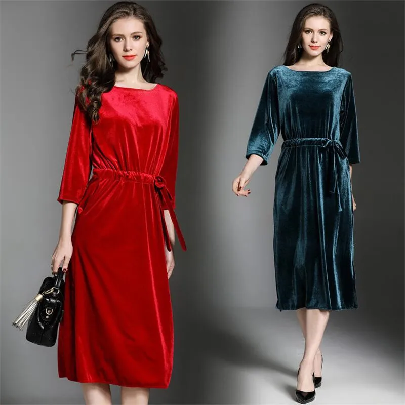 2024 fashion Women Spring Autumn Three Quarter Sleeve Long Dress vintage Sashes Sheath Velvet dress  velour dress -