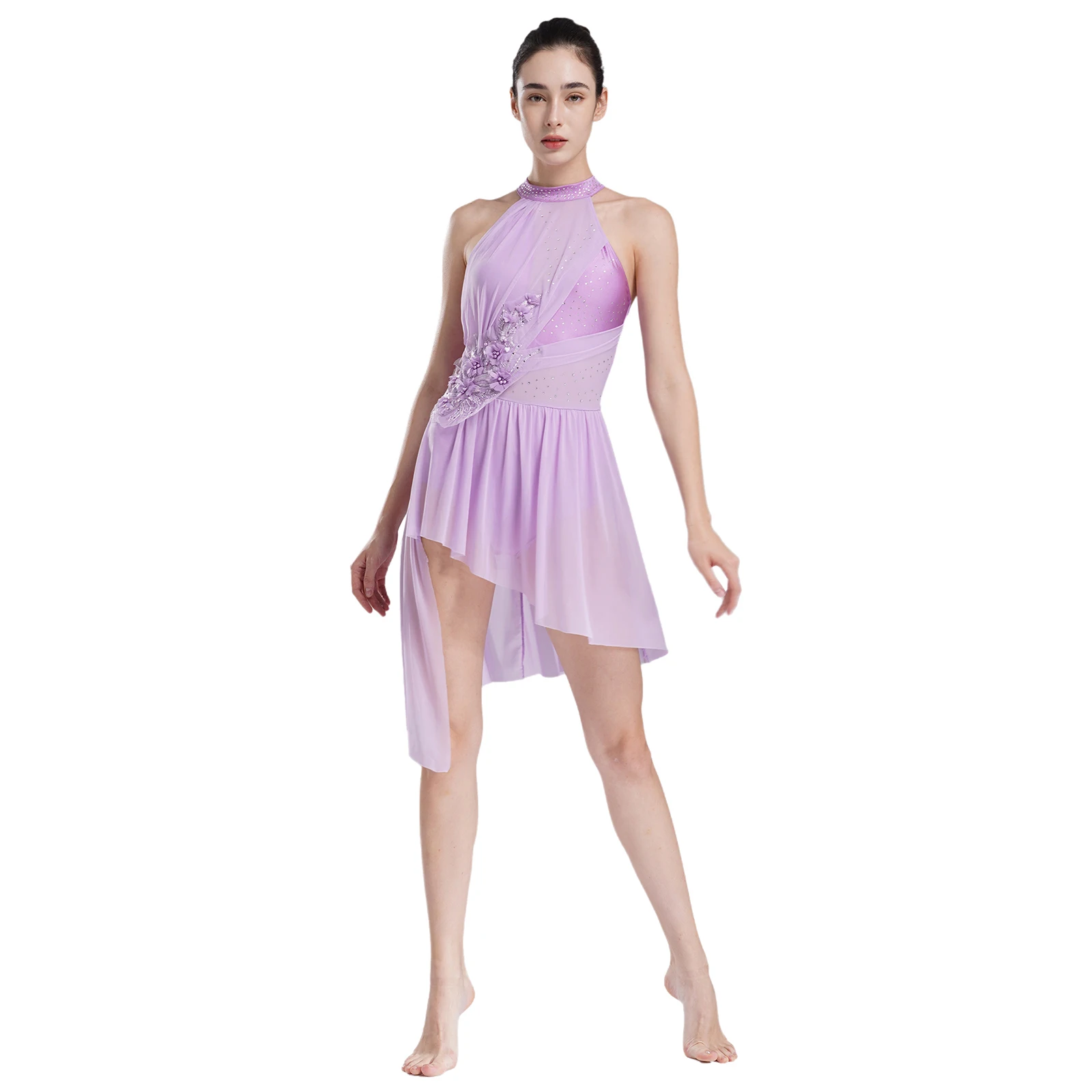 Women Lyrical Dance Dress Ballet Skating Gymnastics Leotard Sleeveless Asymmetrical Hem Rhinestones Mesh Applique Dancewear