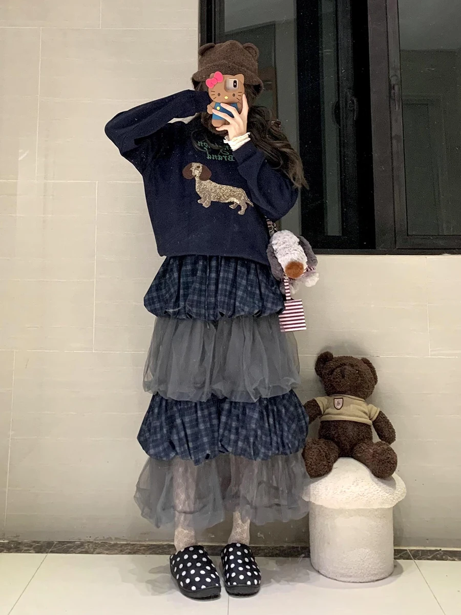 ReddaChic Checkered Layered Tulle Cake Skirt Women Puffy Ruffle Elastic Waist Long Plaid Bubble Skirt 90s Retro Korean Clothes