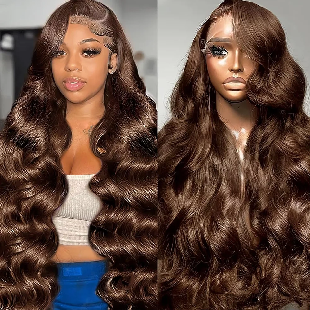 

Chocolate Brown Body Wave Lace Front Wig Human Hair 220 Density Frontal Lace Wigs 42 Inch 13x6 HD Transparent Lace Human Wigs