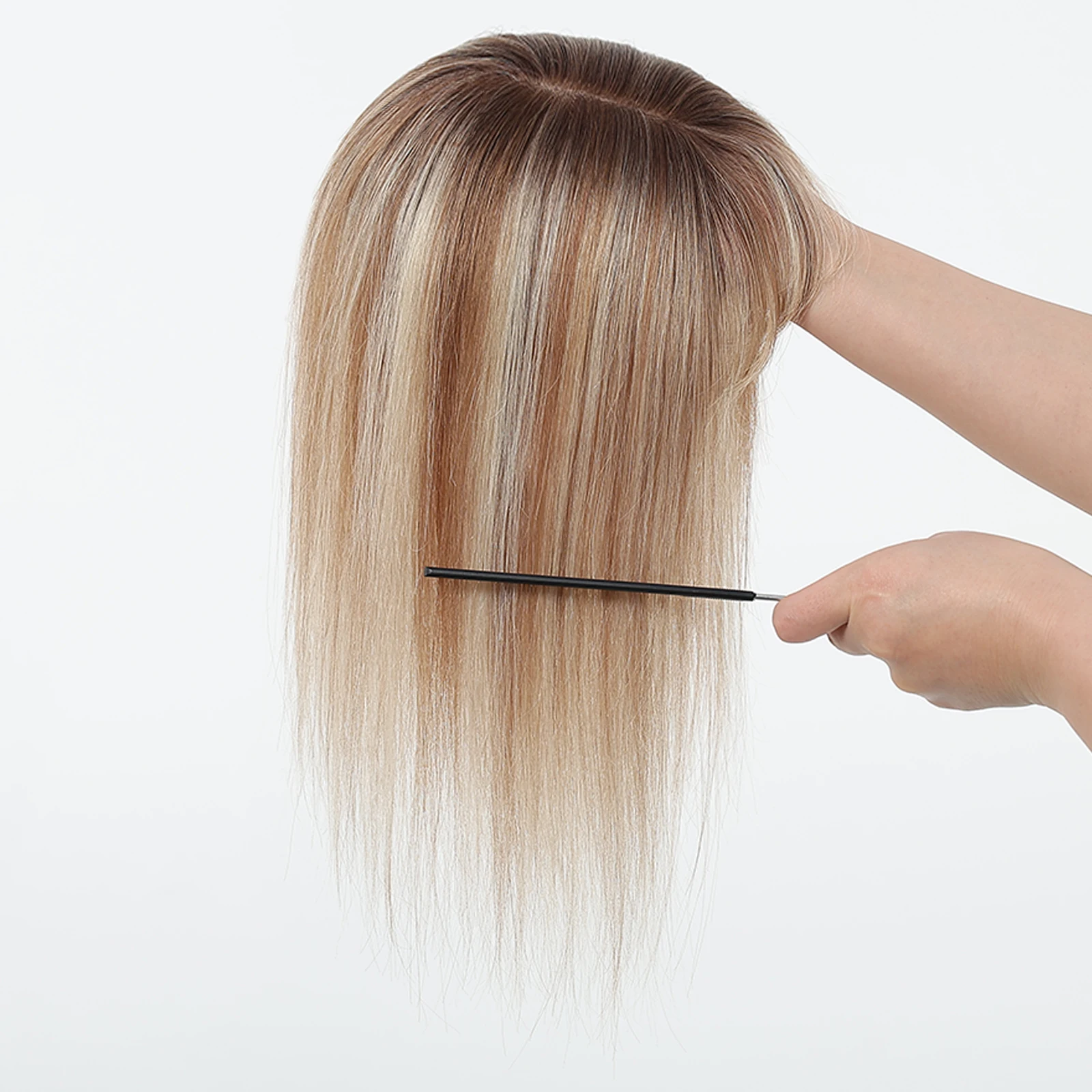 Brown Blonde Highlights Human Hair Toppers 5x5.5inch Silk Base Hair Pieces 14 inch Real Toppers with 3Clips for Women Hair Loss