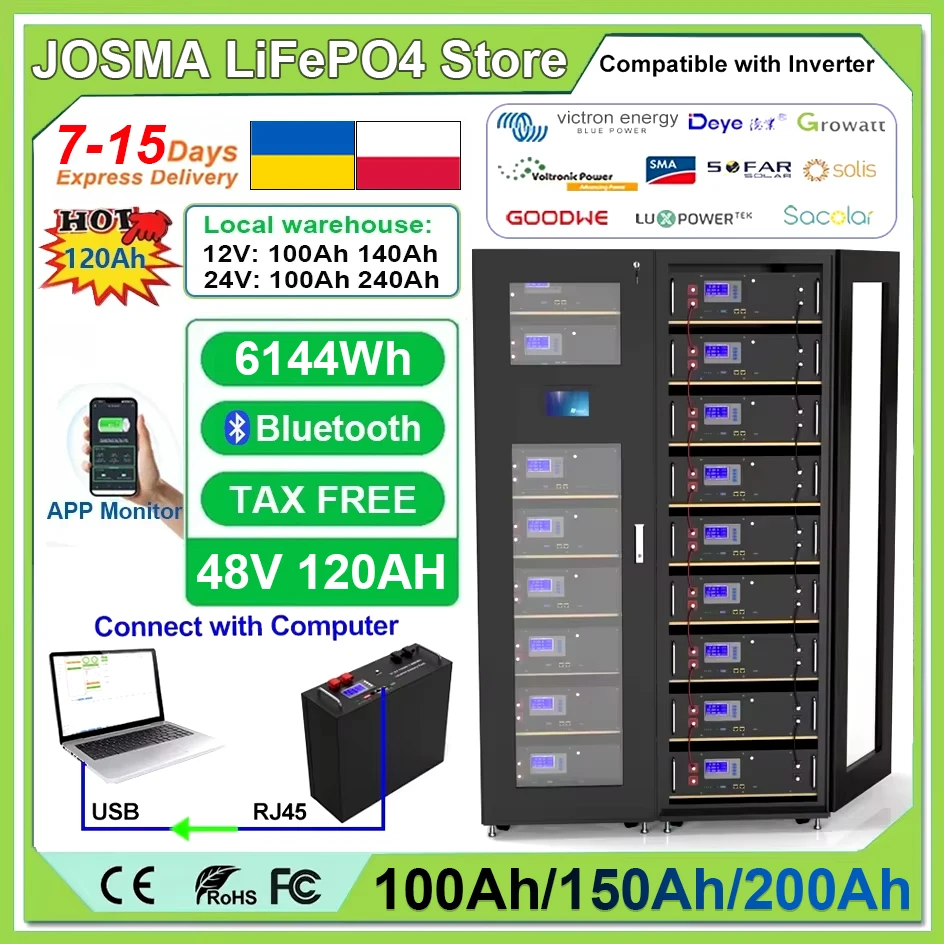 48V 120Ah LiFePO4 Battery Pack 6Kwh 6000 Cycle 16S 100A RS485/CAN BMS 51.2V 100Ah 150Ah 200Ah 300Ah Lithium Battery EU UA NO TAX