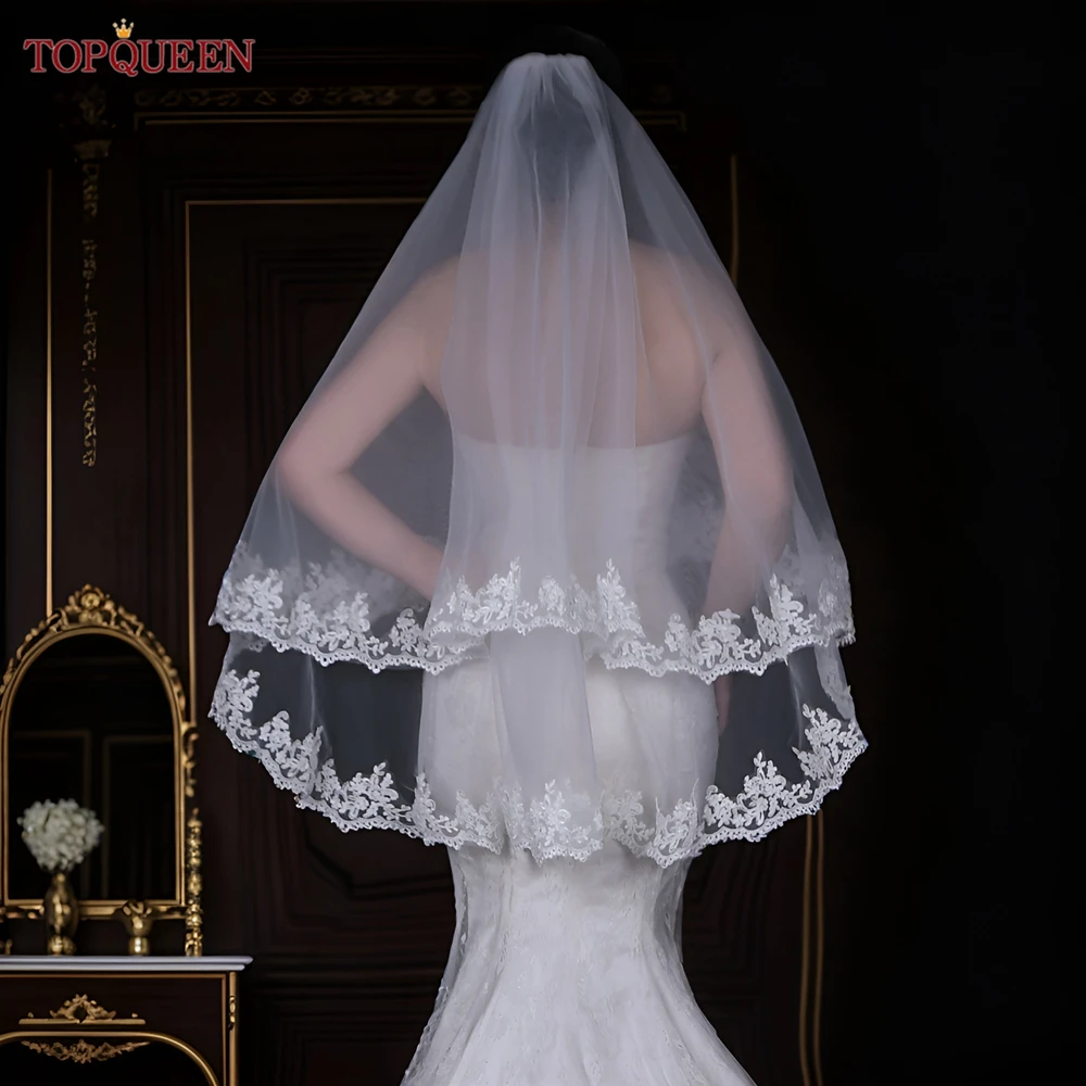 TOPQUEEN-طبقتين الدانتيل الحجاب الزفاف مع أحمر الخدود ، غطاء الحجاب الزفاف ، بطانية الزفاف قصيرة ، غطاء الإسبانية ، v79