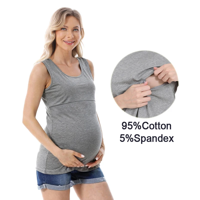 U Neck Sleeveless Maternity Nursing Tank Top Double Layer Zipper Breastfeeding Vest Soft Cotton Stretch Pregnancy Cami Shirt