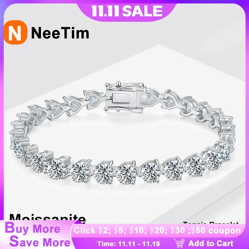 

NeeTim 3mm 4mm 5mm 3 Claw Moissanite Tennis Bracelet Lab Diamond Bracelet Chain s925 Sterling Silver Bracelets for Women Man