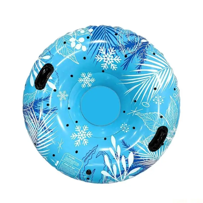 U2JB Outdoor Snow Tube in Blue PVC with White Winter Pattern, Inflatable Round Design and Two Side Handholds for Snow-Hill Fun