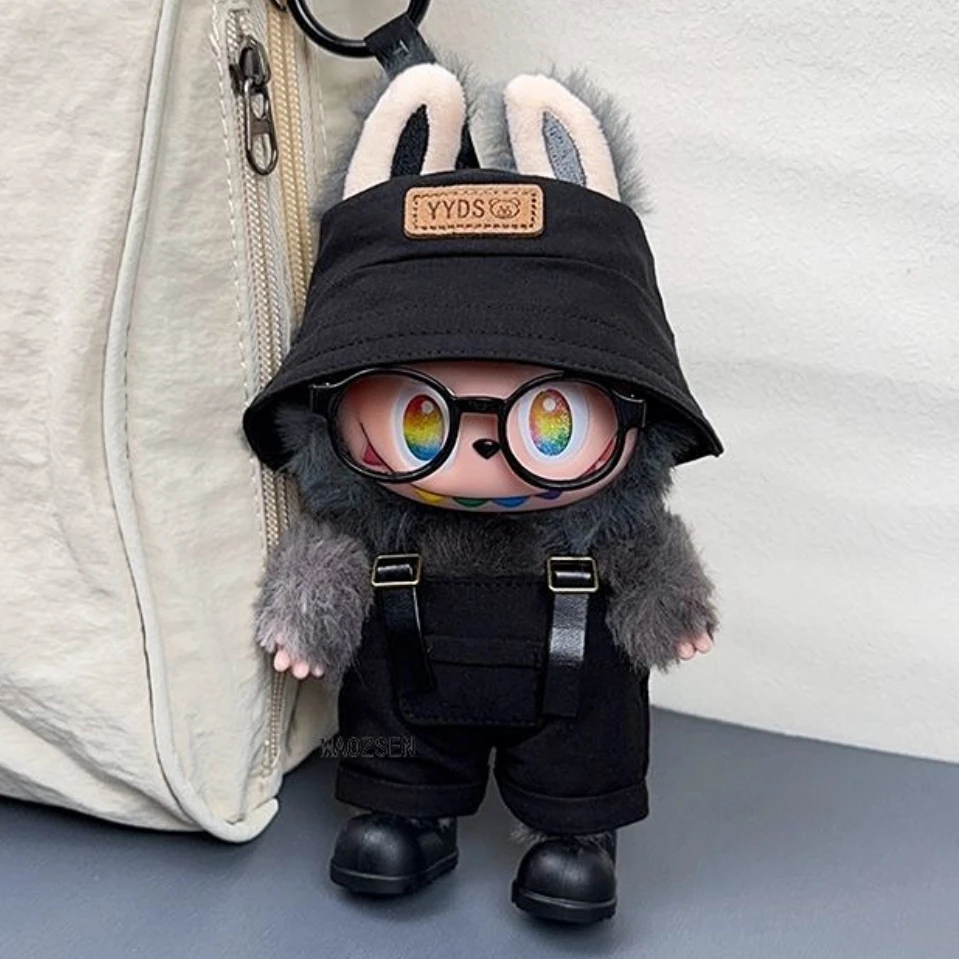 

Labubu 1-3 Gen "High Energy Ahead" Outfit Set Open Black Hat + Leather Strap Overalls + Shoes Labubu 3.0 Doll Dress-Up Clothes