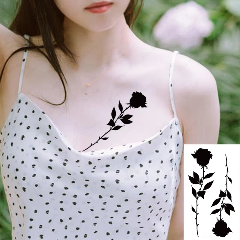 Tattoo Stickers Black Rose Flower Romantic Plant Fake Tatto for Women Men Waterproof Temporary Party Festival Makeup Body Art