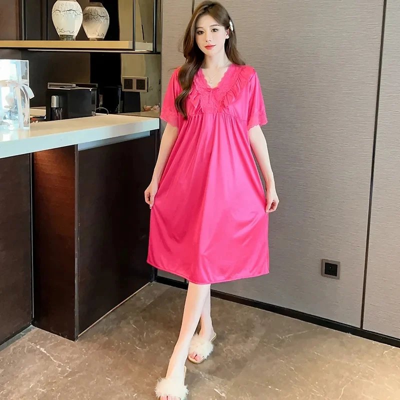 2024 New Women\'s Sexy Sleepwear Plus Size Ice Silk Satin Night Dress Nightgown Female Lingerie Dress Nightwear 100kg