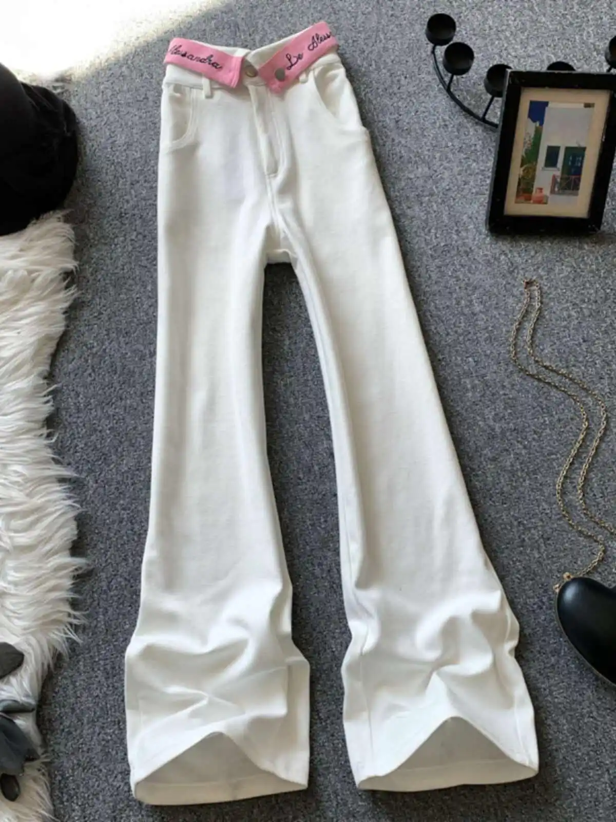 

White High Waisted Wide Leg Jeans 2026 Women's Summer Pink Collar Design Slim Casual Pants Loose Straight Leg Floor Pants