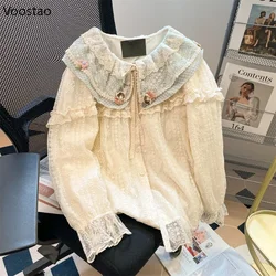 Francuska Vintage słodka koszula Lolita dziewczyna Kawaii koronkowe falbany kołnierz piotruś Pan bluzki z długim rękawem kobiet wiosna jesień Casual Tops