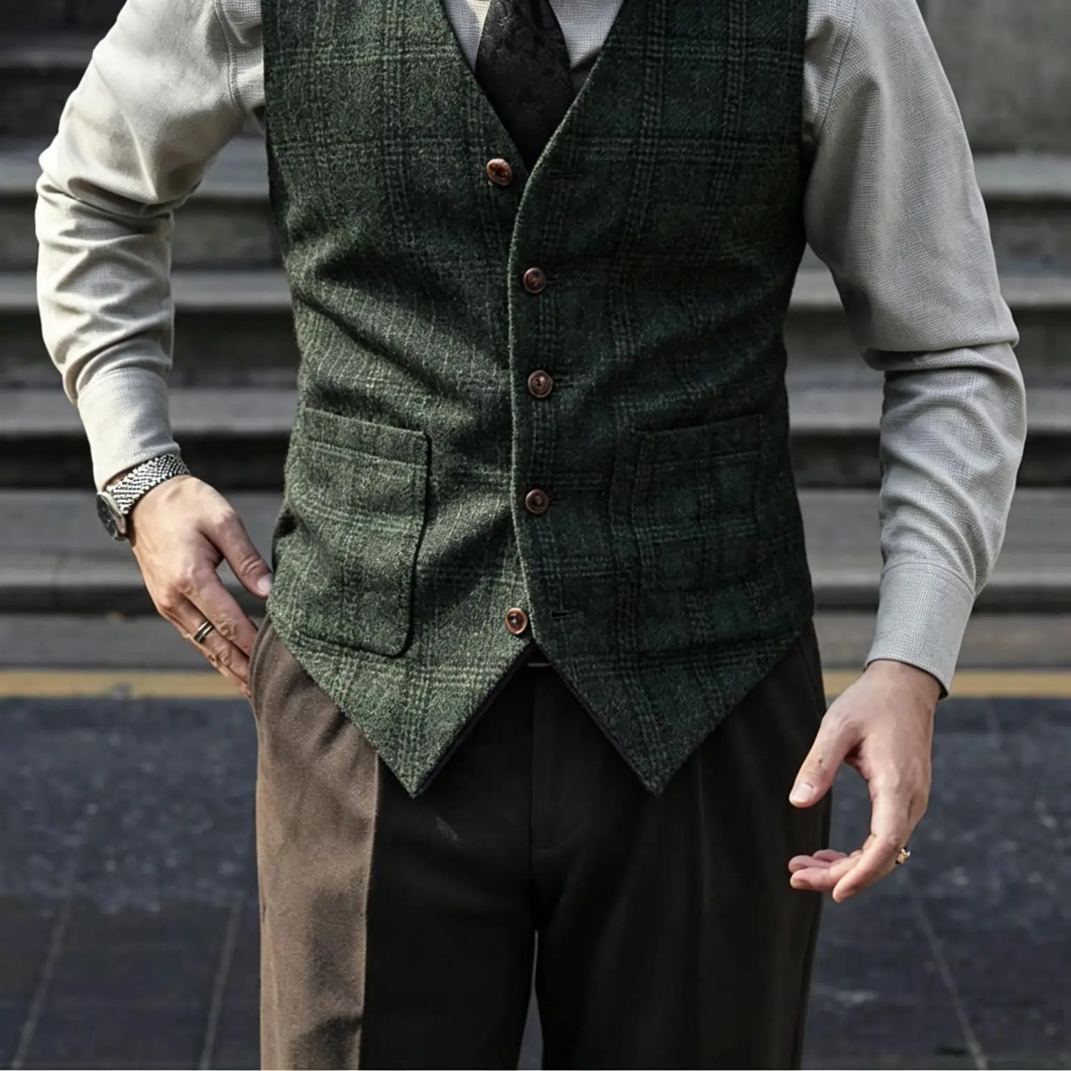 Men's Vintage Brown Plaid Tweed Waistcoat V-Neck Slim Fit Suit Vest with Pockets Formal Business Wedding Gentleman Vest