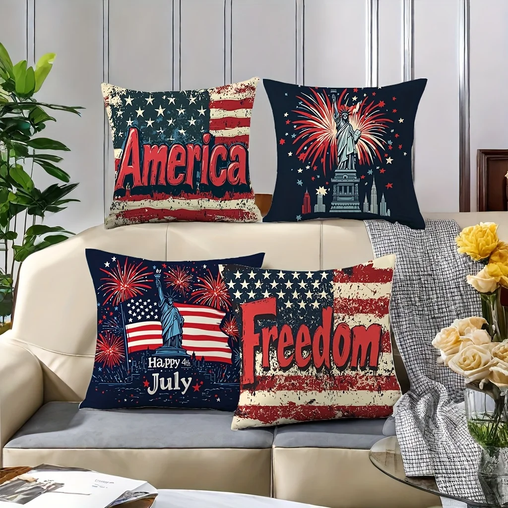 4pcs Statue of Liberty design Single-sided printing Short plush Suitable living rooms bedrooms sofas (excluding pillow cores)