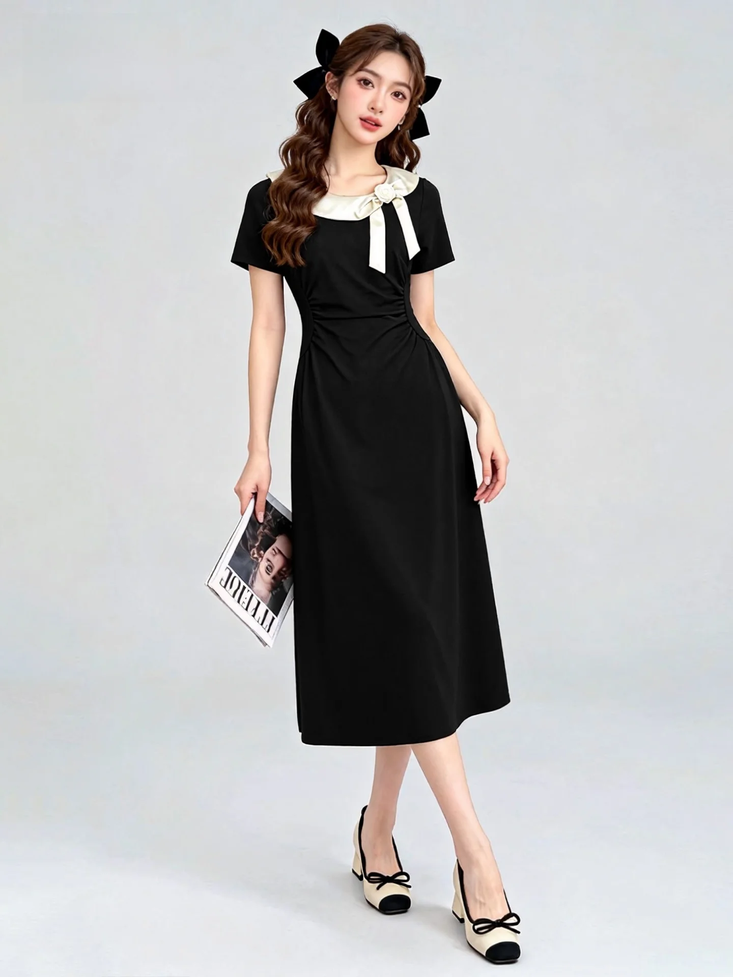 

ChuChu Home Hepburn Style Women's Dress Summer Black Miu Series Slimming Straight Long Skirt A-Line Cotton Blend Workwear
