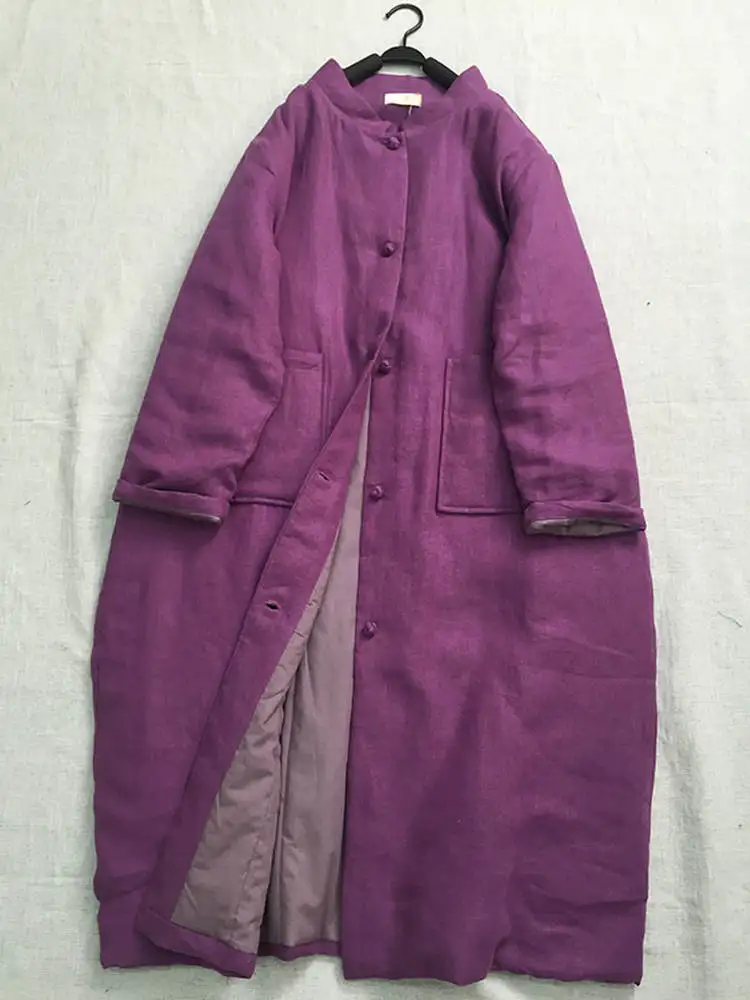 

Retro Chinese Sle Thiened Linen Button Purple Cotton Jaet Long Sve Loose Fit Regular Length Autumn Winter Coat