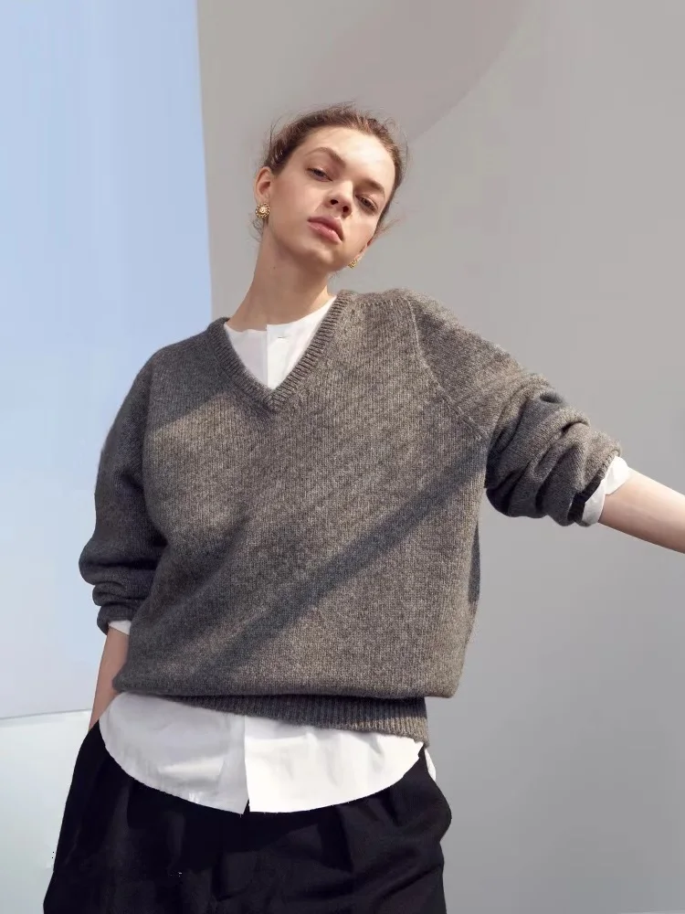

Простой осенне-зимний свитер из 100% чистого кашемира, женский свитер с v-образным вырезом, свободная трикотажная рубашка с длинными рукавами и подкладкой