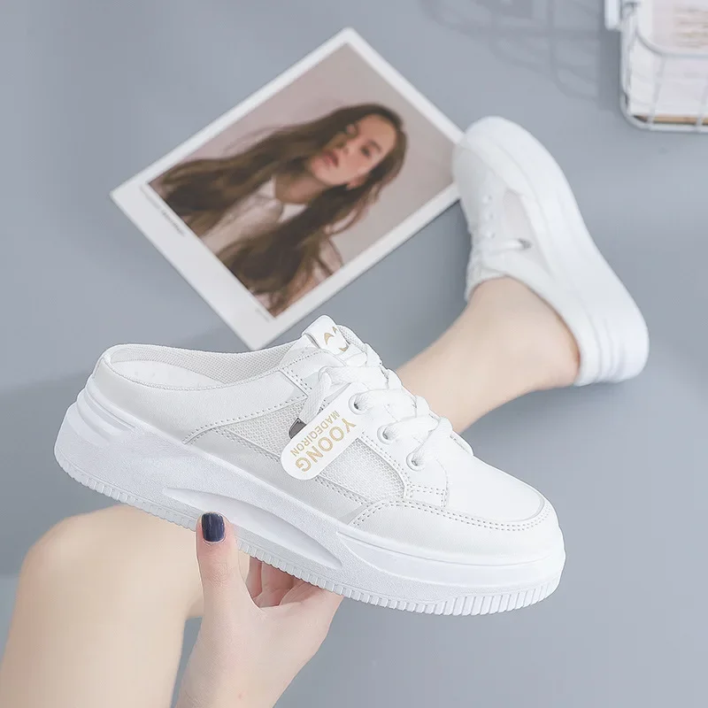 Chaussures d'été semi-couques blanches pour femmes, pantoufles à la mode, nouvelle collection