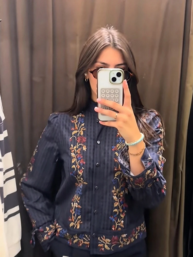 Women Retro Dark Blue Floral Print Shirt Fashion Stand Collar Long Sleeve Button Down Striped Blouse Lady Fall Daily Trendy Tops