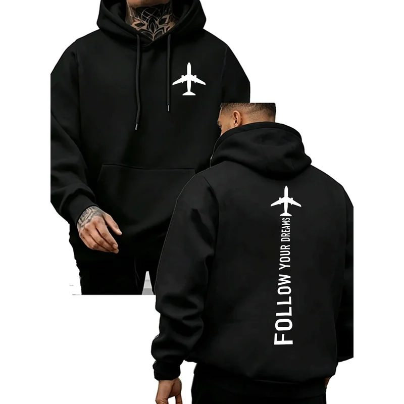 Follow Your Dreams Airplane Front Back Print Graphic Hoodie Unisex Long Sleeve Oversized Loose Streetwear Pullover Hoodie