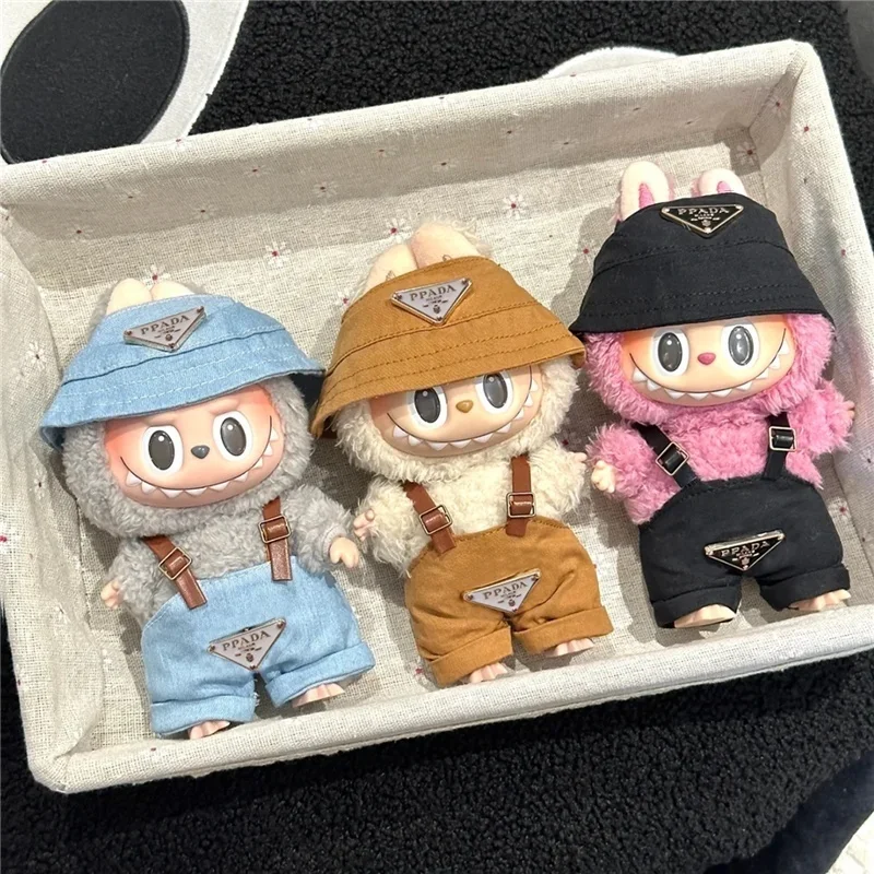 Zestaw ubranek dla lalki Labubu 15-17 cm: luksusowe ogrodniczki, kapelusz, pluszowe ubranka dla lalek, akcesoria do przebierania, zabawki DIY.