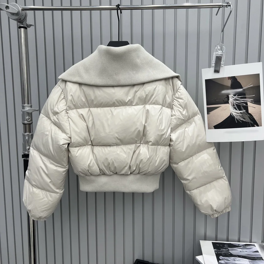 2025 Dameskleding patchwork gebreide revers korte donsjas Herfst Winter Nieuw 1027