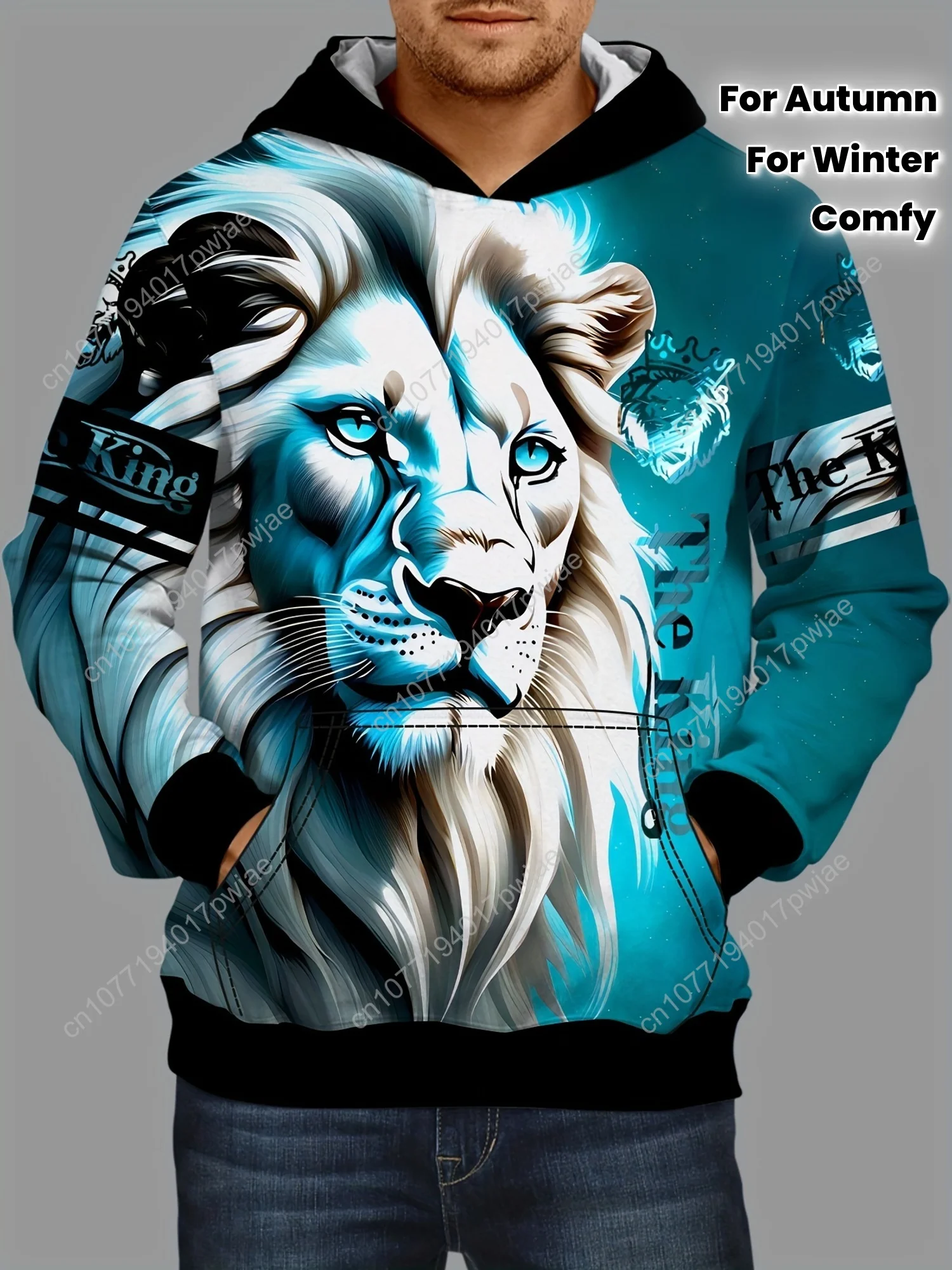 Sweat à capuche imprimé Lion 3D – Pull à capuche confortable et ample avec poche kangourou pour hommes, vêtements d'automne et d'hiver pour hommes