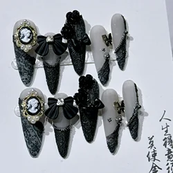 10Pcs Purple Flower Handmade Almond Press on Nails French Rhinestone Full Cover Fake Nail Ballet Manicure Wearable Nail Tips