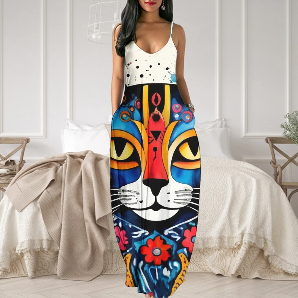 2024 New Women's Long Dress 3d Abstract Cat Pattern Print Sleeveless Spaghetti Strap Summer Long  Dress Evening Party For Lady