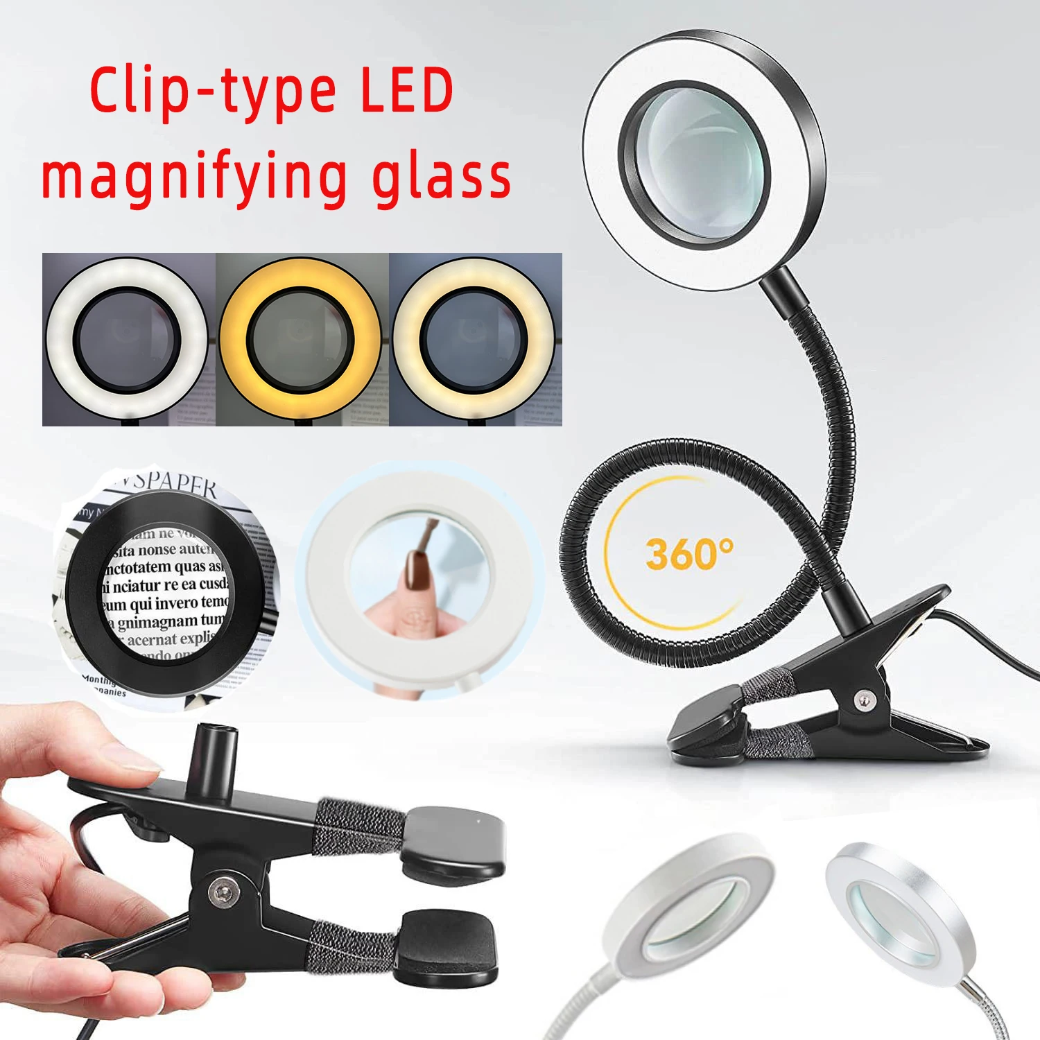 Clip On LED Desk Lamp Magnifying Glass with Lamp Nail Salon Embroidery Lamp Portable Eye Protection Lamp Black and White Silver