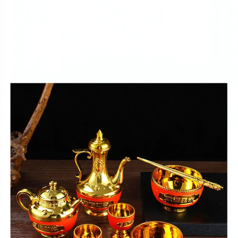 Traditional Buddhist Altar Decor Gold Plated Plastic Offering Vessel Set Wine Kettle Teapot Cup Lotus Dish For Prayer Ceremony