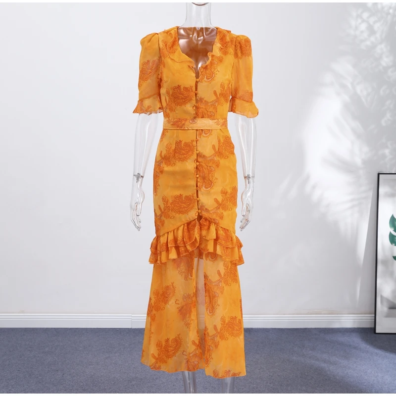 Elegant Ruffle Women's Long Dresses V Neck Half Sleeve Button Waist Cinching Pleated Dress 2026 Spring Lady Fashion Party Robes