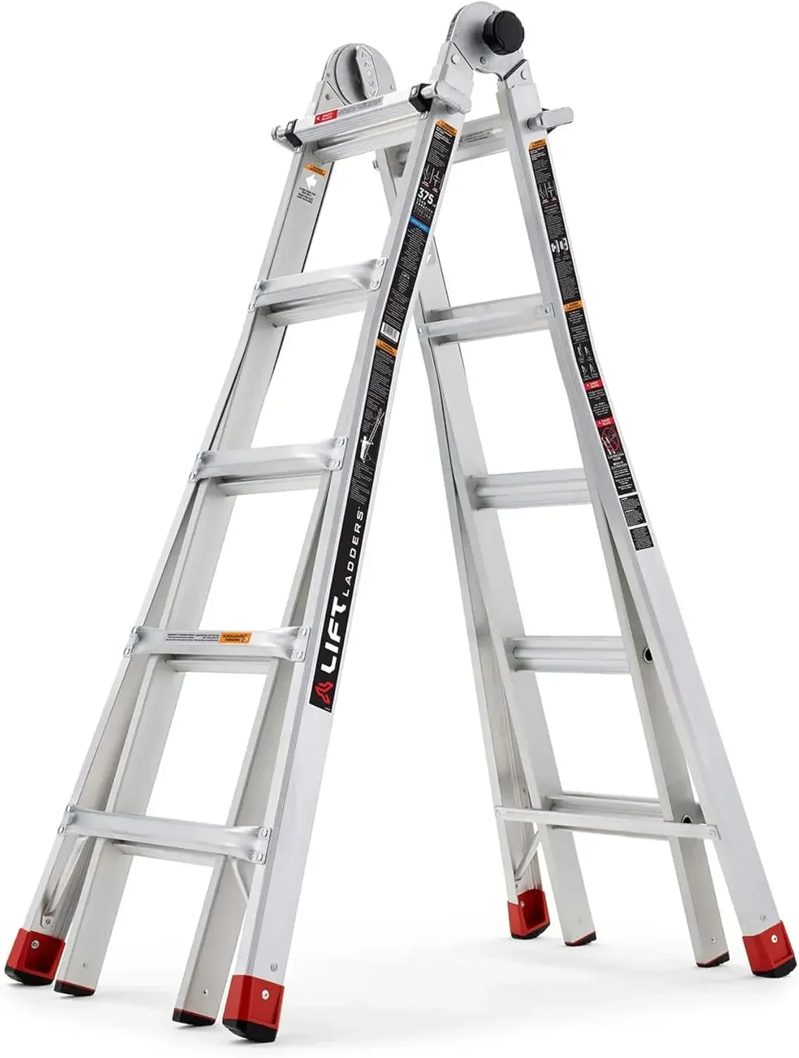 Reach Adjustable 5 in 1 Multi Position Lightweight Aluminum Step Ladder with Armored J Locks and 375 Pound Capacity, Silver