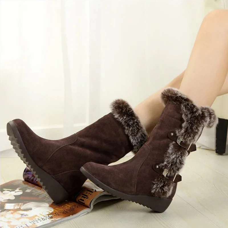 Nowe zimowe buty damskie Casual Warm Fur Mid-Calf Boots Shoes Women Slip-On Round Toe Wedges Snow Boots Shoes Muje Plus Size 42