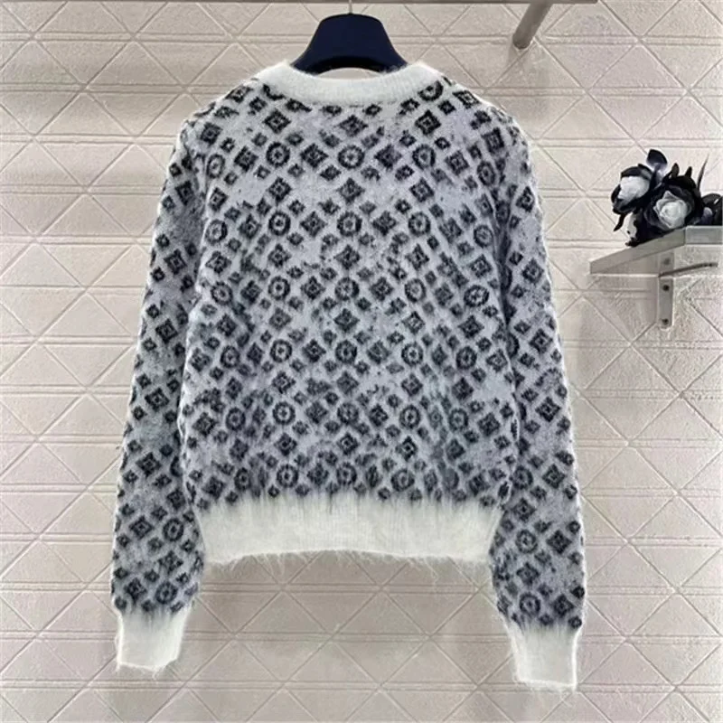 Autumn Winter Fashion Black Geometric Jacquard Soft Wool Knitted Cardigan Women\'s Clothing Loose O-neck Casual Warm Sweaters