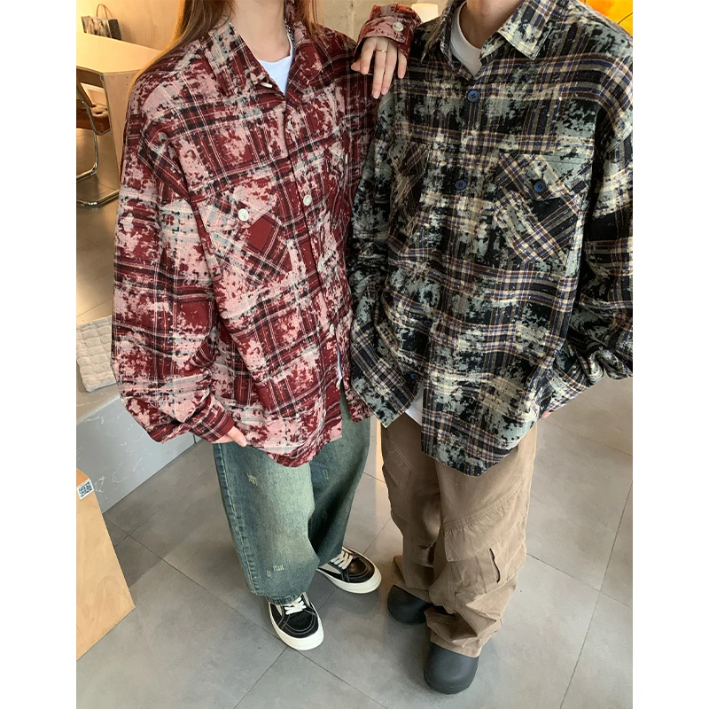 

American Retro Old Plaid Men Shirt Trend Tie-dye Design Sense Long-sleeved Jacket Fashion Niche Mens Womens Clothing