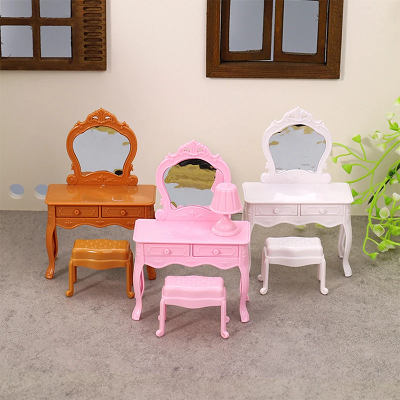 1Set Dollhouse Miniature Dressing Table With Mirror Bedside Table Chair Make-up Table Home Decor Toy Doll House Accessories