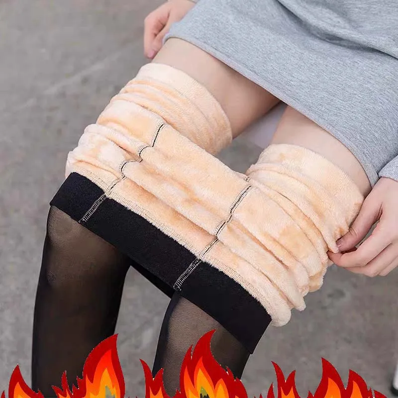 Thicken Warm Tights For Women Winter Thermal Stockings Leggings Sexy Translucent Fleece Velvet Tights Pantyhose Female Pants